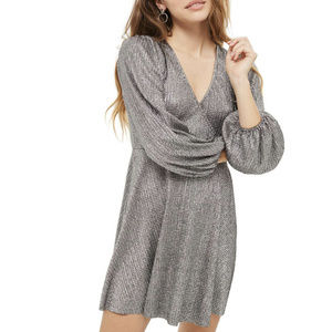Topshop Metallic Gray Plisse Surplice Dress